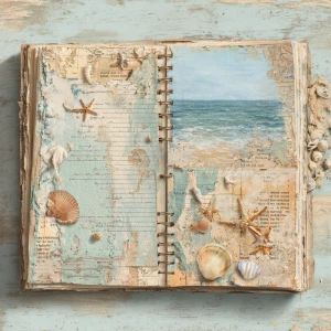 Ocean junk journal page, shabby coastal collage background, laye...