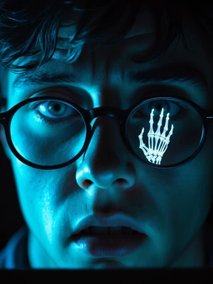 A dramatic close-up on Alex’s face, lit entirely by the harsh, u...