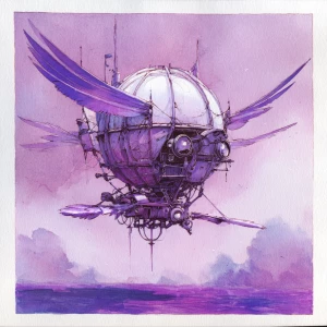 Scifi sphere drone floating upside down above a violet sea, buil...