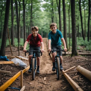 Two brothers building a bike path in the woods