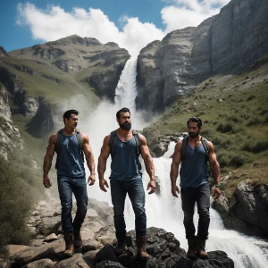 Make 2 men with gray-black hair and beard bodybuilder big arms a...