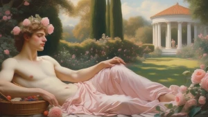 A Rococo style painting in muted pastel colours of an ethereal,...