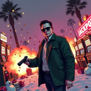 Elon Musk in GTA art style in action:slot machines exploding wit...