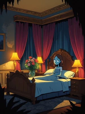 Cartoon horror cinematic illustration of a lavish hotel room: ve...