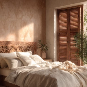 Generate an image of an Italian bedroom featuring white linen be...