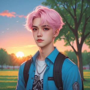 Create the image of a handsome boy around 19 - 20 with light pin...