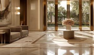 ultra-realistic photo of a luxury apartment lobby, open layout w...