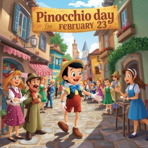 Illustrate a whimsical scene where Pinocchio, with his wooden li...