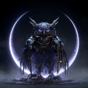 A powerful mechanical owl perched before a glowing crescent moon...