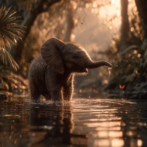 adorable baby elephant named Ember standing in a shallow jungle...