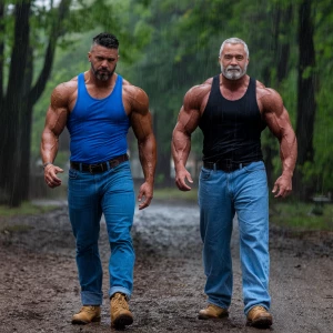 Generate an image of two men bodybuilders in Derby walking in th...
