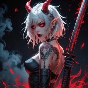 Anime style, beautiful female demon with messy white hair, glowi...