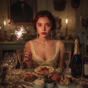 A elegant woman sitting at a beautifully arranged New Year's din...
