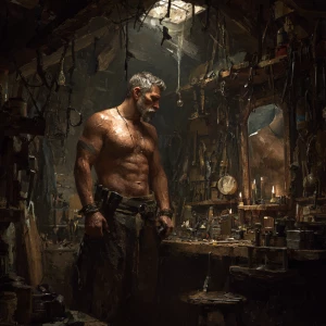 Generate an image depicting a muscular, weathered handyman stand...