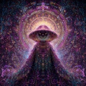 A whimsically vivid digital oracle, its pixelated form exuding a...