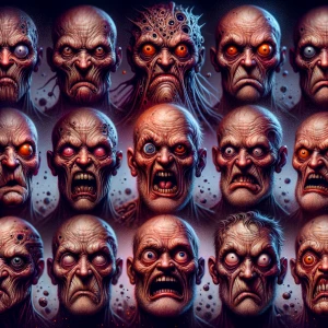 Create a caricature with multiple faces featuring exaggerated, g...