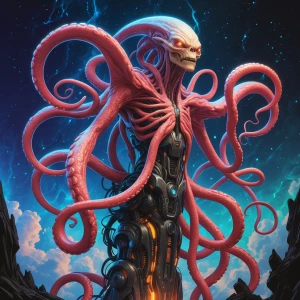 A towering eldritch entity, tentacles writhing amidst a cosmic v...