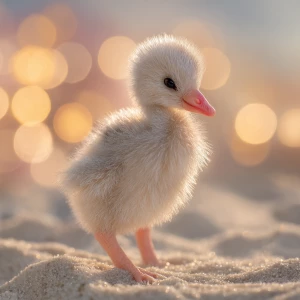 A newborn baby flamingo chick named Flan, soft pale-gray down wi...