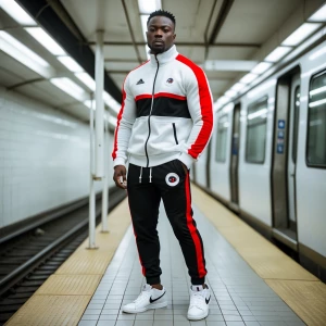 a man in a white, black, and red tracksuit and white sneakers is...