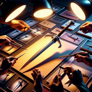 A stop motion of a  sword:"dellusion"on différent sets of papers...