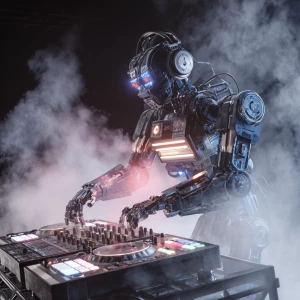 Robot DJ with humanoid features, illuminated DJ booth, lasers an...