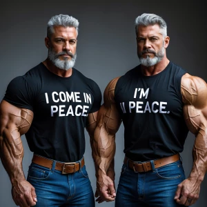 two men, gray hair and Bearded, muscles,
bodybuilders ,black tee...