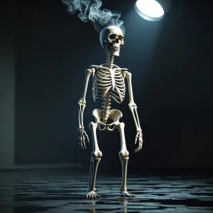 Skeleton standing weakly, faint smoky vapor from mouth area symb...