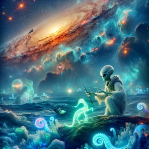 A cinematic photograph of an alien fishing in a surreal cosmic o...