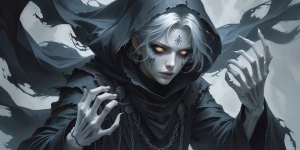 A mysterious and ethereal necromancer, clad in tattered black ro...