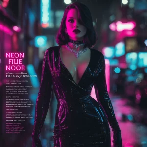 “Neon noir femme-fatale aesthetic, cinematic lighting, glossy bl...
