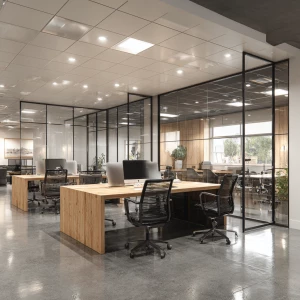 Generate an ultra-photorealistic 3D rendering of a modern office...