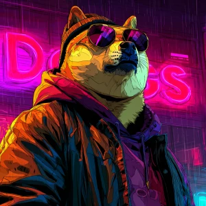 Character DOGE in GTA art style,  , gta style illustration, neon...