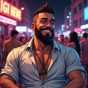 White muscular thin man with beard, big chin, smile and cheekbon...