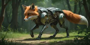 In the heart of a digitalized forest, a mechanical fox with intr...