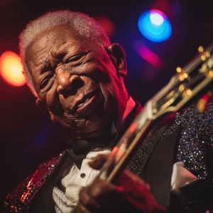 Intimate close-up of B.B. King’s upper body, wearing a black seq...