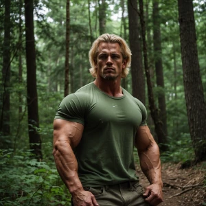 Man bodybuilder hairy chest work boots green shirt blonde hair i...