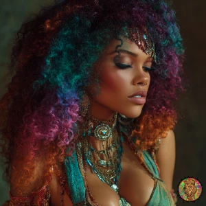 An enchanting woman with cascading curly hair in vibrant rainbow...