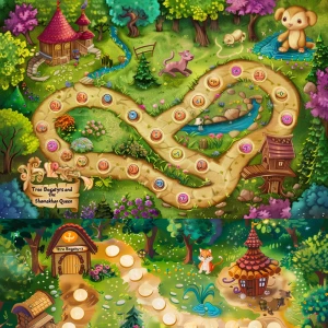 A rectangular fantasy board game illustration.
The board contai...