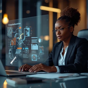 An African professional lady sitting at a desk collaborating wit...