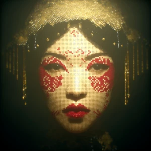 A beautiful Japanese girl with red and white face paint, "Aoyama...