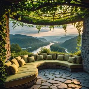 Create a serene environment in an overlooking alcove on a narrow...