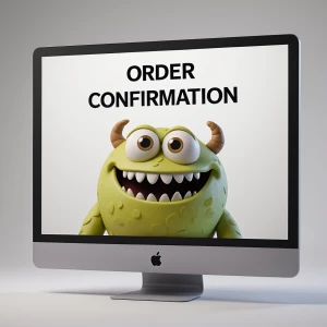 Generate a claymation image of a friendly-looking monster buying...