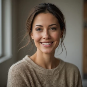 A realistic portrait photo of an adult woman (age 25–35), soft n...