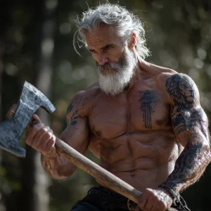a muscular, bodybuilder with grey hair and a beard, holding a sh...