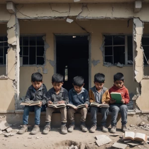 Group of sad children sitting outside broken school building, ho...