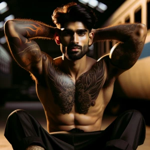 The image features a shirtless man with a muscular build and a f...