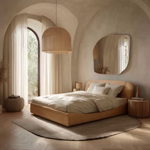 Photo-realistic interior of an organic-curves bedroom, wide-angl...