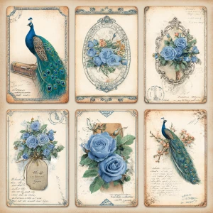 Print-ready vintage ephemera sheet with 6 coordinated shabby-chi...