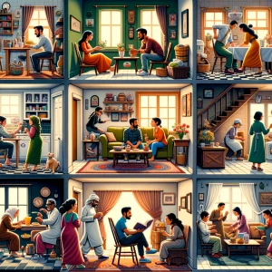 poeple moving aorund in a house