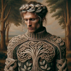 This image shows a person wearing an intricately designed knitte...